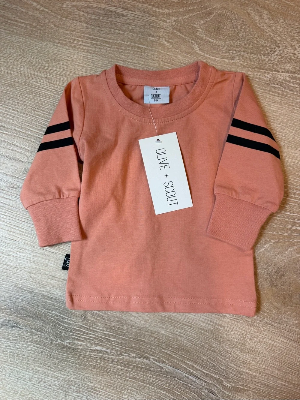 Kids' Dusty Rose Long Sleeve Tee with Black Sleeve Stripes - Picture 1 of 2